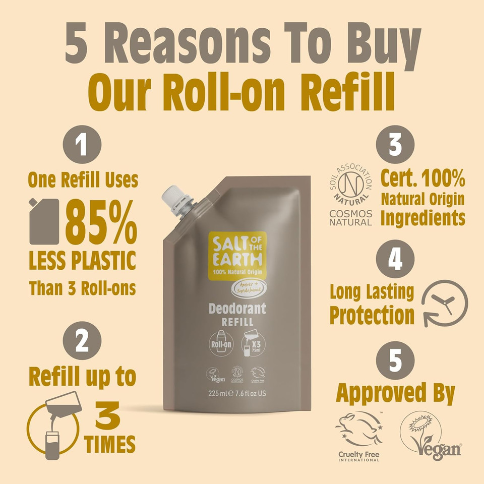Salt of the Earth - Natural Deodorant Roll On Refill Pouch, x3 Uses - Amber & Sandalwood - Vegan, Long Lasting Protection, Leaping Bunny Approved, Made in the UK - 225ml