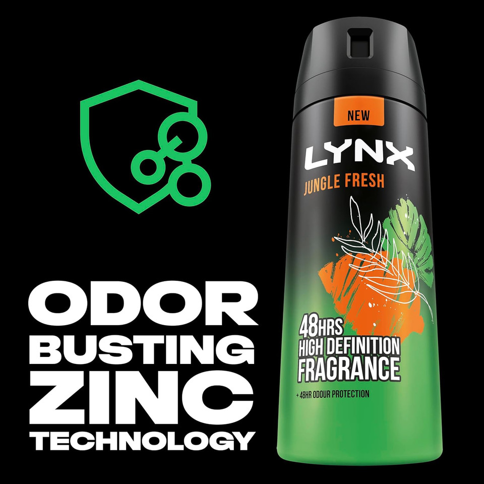 Lynx Jungle Fresh Aerosol Body Spray deodorant with a palm leaves & amber scent 48 hours of odour-busting zinc tech 6x 250 ml