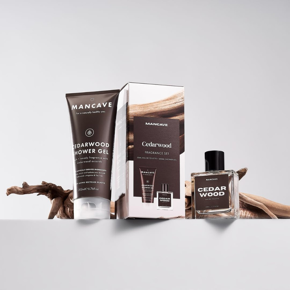 ManCave Cedarwood Mens Fragrance Gift Set, 50ml Cedarwood Eau de Toilette, 200ml Shower Gel, Natural Ingredients, Perfume Set, present for him, Fragrance for Men
