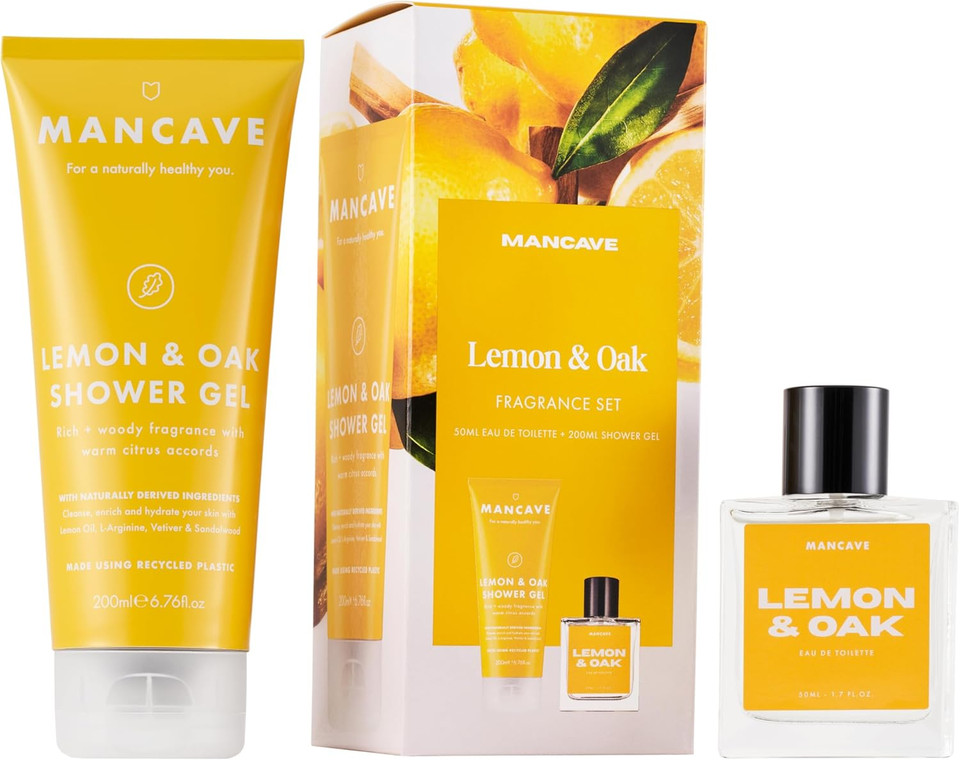 ManCave Lemon & Oak Men's Fragrance Gift Set, 50ml Lemon & Oak Eau de Toilette, 200ml Shower Gel, Natural Perfume Set, Fragrance for him, present idea for him