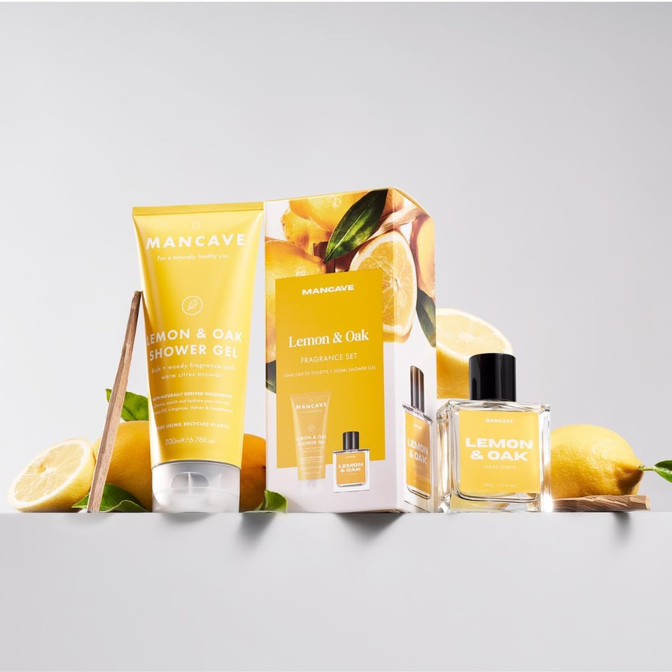 ManCave Lemon & Oak Men's Fragrance Gift Set, 50ml Lemon & Oak Eau de Toilette, 200ml Shower Gel, Natural Perfume Set, Fragrance for him, present idea for him
