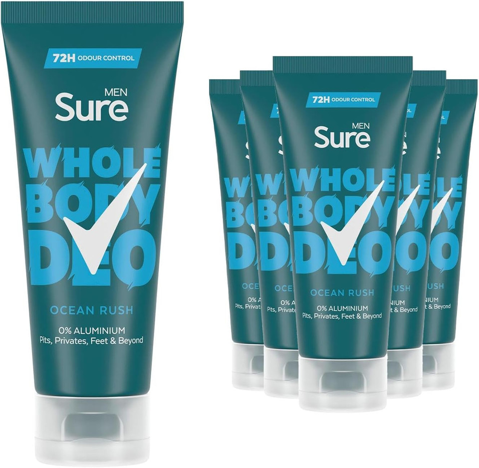 Sure Men Deodorant Cream Ocean Rush, Pack of 5, Whole Body Deodorant for Men Aluminium Free Deo Cream with Herbal and Woody Scent Provides 72-Hour Odour Control, 75 ml