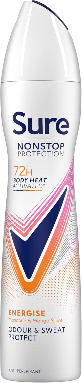 Sure Nonstop Protection Energise Anti-Perspirant Aerosol Women's Deodorant Spray with Body Heat Activated technology and a mandarin & mango scent for 72 hour odour and sweat protection 6x 250 ml
