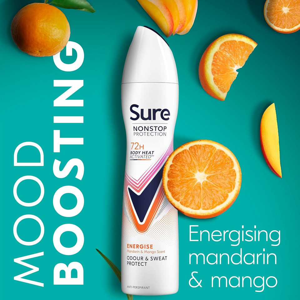 Sure Nonstop Protection Energise Anti-Perspirant Aerosol Women's Deodorant Spray with Body Heat Activated technology and a mandarin & mango scent for 72 hour odour and sweat protection 6x 250 ml