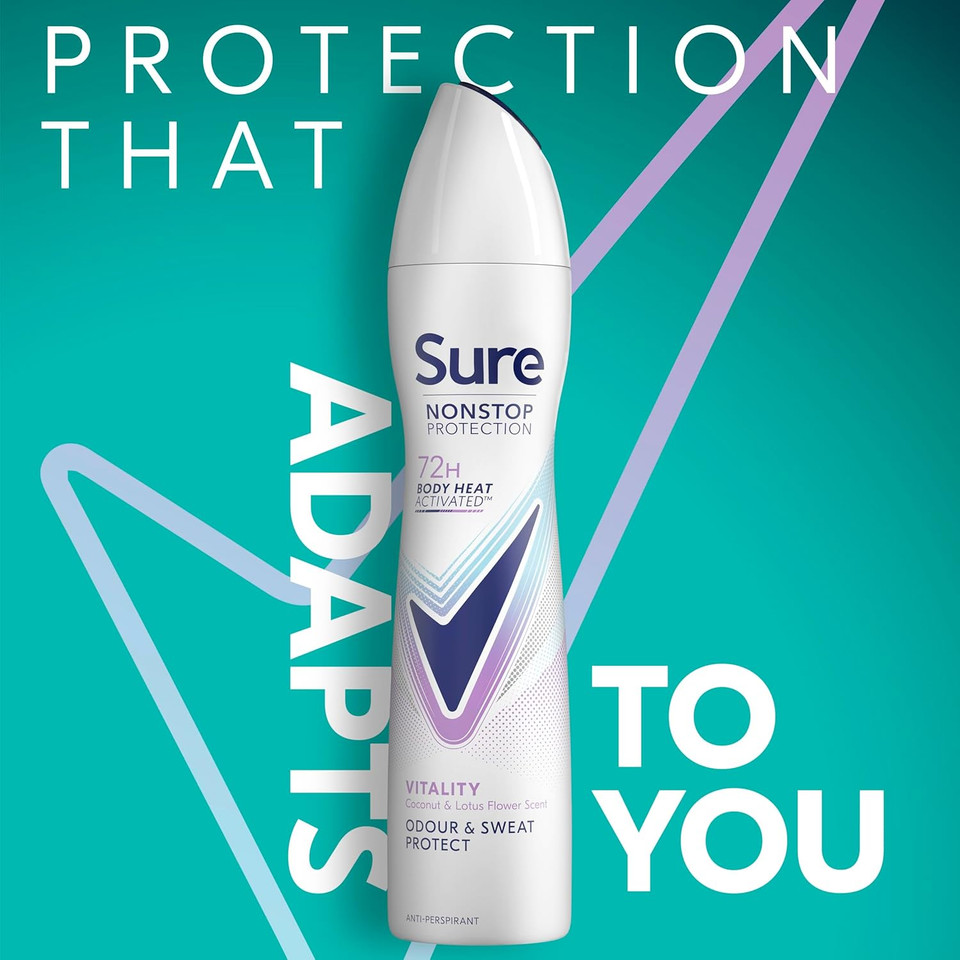 Sure Nonstop Protection Vitality Anti-Perspirant Aerosol Women's Deodorant Spray with Body Heat Activated tech. and a coconut & lotus flower scent for 72 hour odour and sweat protection 6x 250 ml