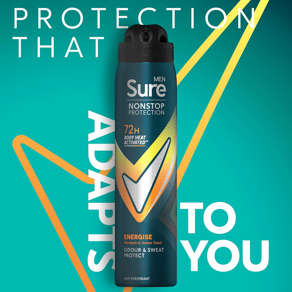 Sure Men Nonstop Protection Energise Anti-Perspirant Aerosol men's deodorant spray with Body Heat Activated technology for 72 hour protection against odour and sweat 6x 250 ml