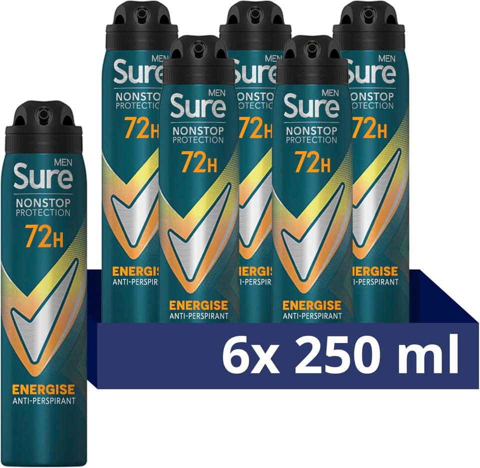 Sure Men Nonstop Protection Energise Anti-Perspirant Aerosol men's deodorant spray with Body Heat Activated technology for 72 hour protection against odour and sweat 6x 250 ml