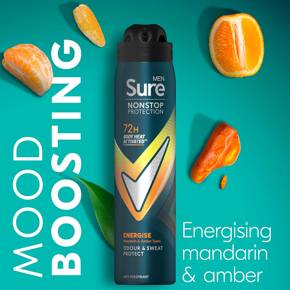 Sure Men Nonstop Protection Energise Anti-Perspirant Aerosol men's deodorant spray with Body Heat Activated technology for 72 hour protection against odour and sweat 6x 250 ml