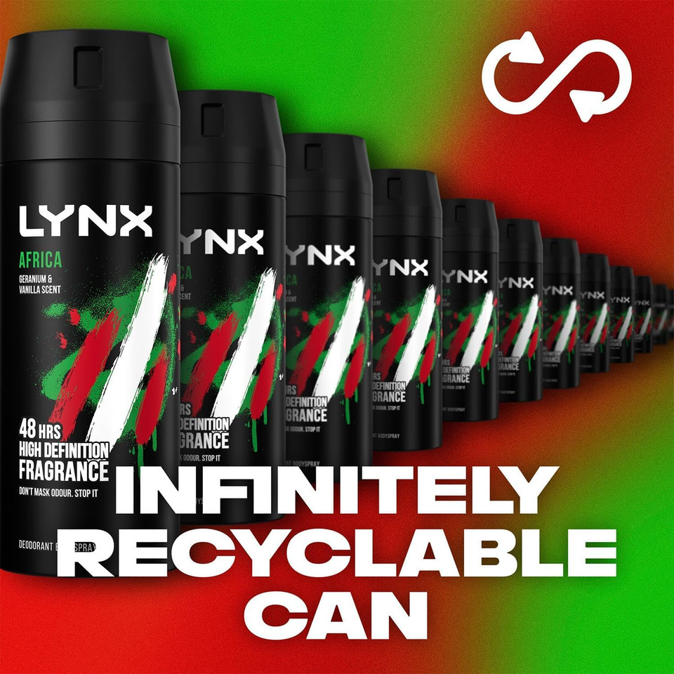 Lynx Africa the G.O.A.T. of fragrance 48 hours of odour-busting zinc tech Aerosol Bodyspray deodorant to finish your style 150 ml