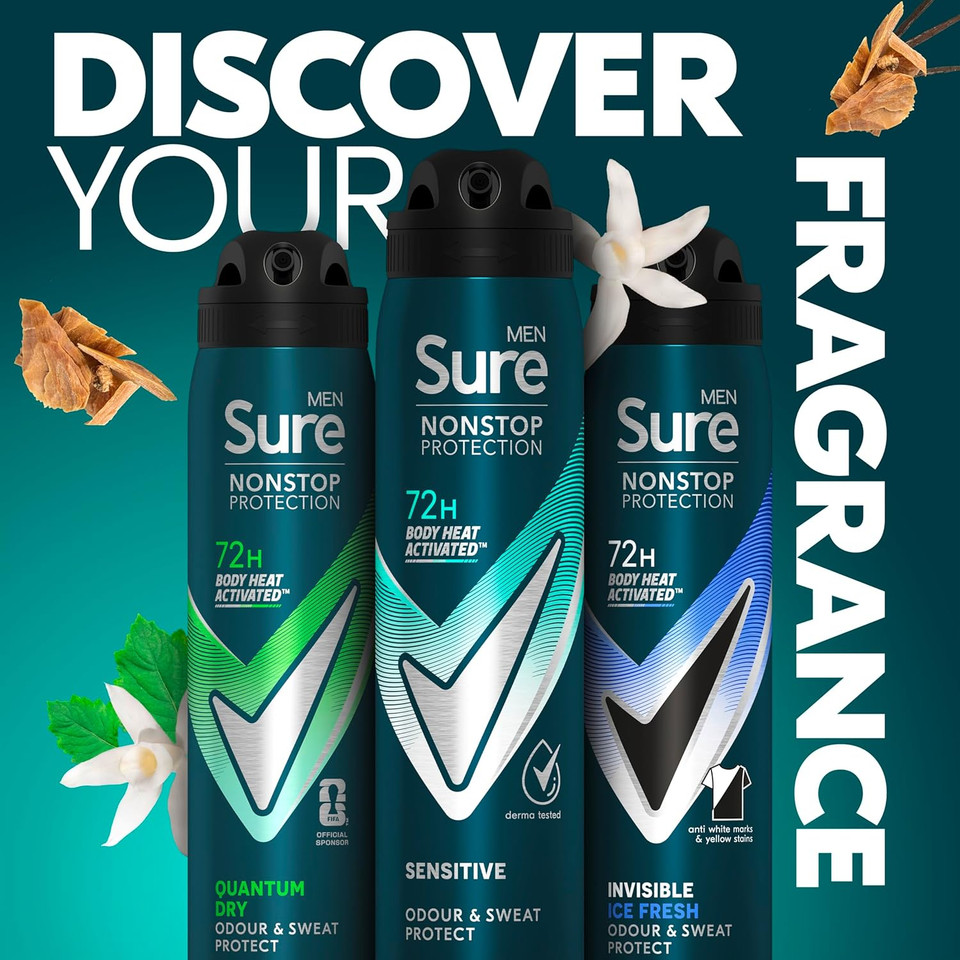 Sure Men Nonstop Protection Sensitive Anti-Perspirant Aerosol Men's Deodorant Spray with Body Heat Activated technology and a clean fragrance for 72 hour odour and sweat protection 6x 250 ml