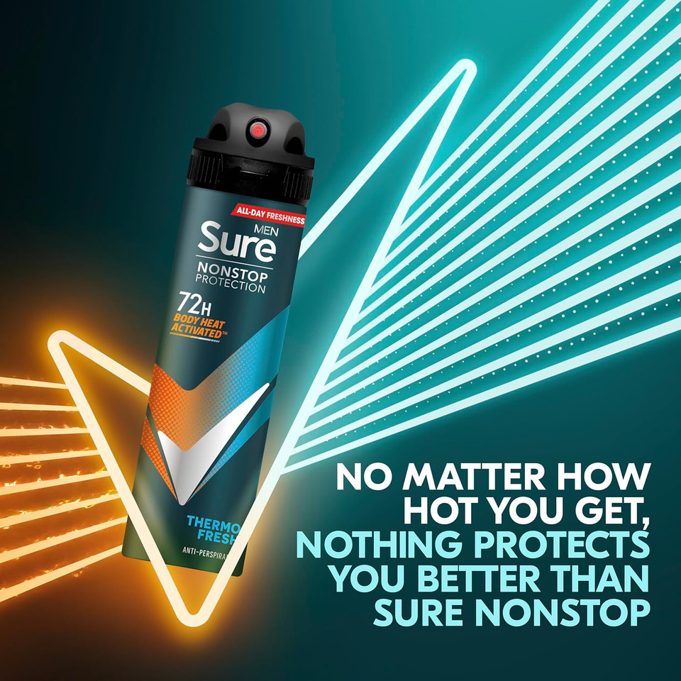 Sure Thermo Fresh Nonstop Protection Antiperspirant Deodorant (6x 250 ml) with Body Heat Activated technology Aerosol Spray for 72-hour sweat and odour protection 6x 250 ml