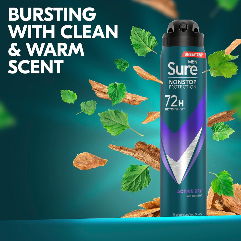 Sure Men Nonstop Protection Active Dry Antiperspirant Deodorant with Body Heat Activated technology Spray for 72-hour odour and sweat protection 6x 250 ml