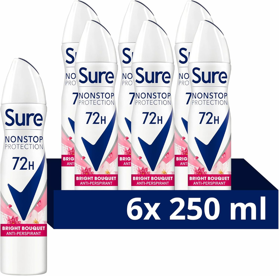 Sure Nonstop Protection Bright Bouquet Anti-Perspirant Aerosol Women's Deodorant Spray with Body Heat Activated tech. and a strawberry & vanilla scent for 72 hour odour and sweat protection 6x 250 ml