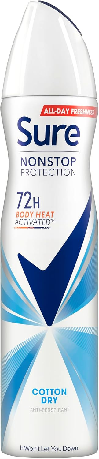 Sure Nonstop Protection Cotton Dry Anti-Perspirant Aerosol Women's Deodorant Spray with Body Heat Activated tech. and a fresh cotton sheets fragrance for 72 hour odour and sweat protection 6x 250 ml