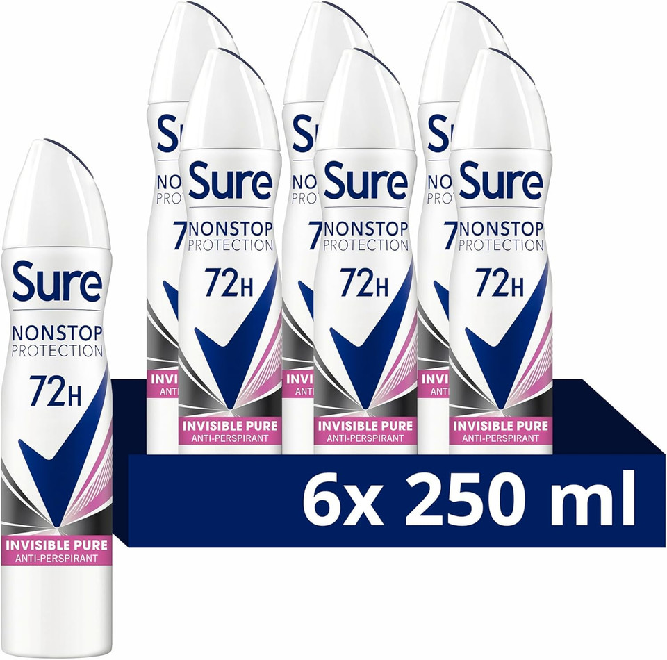 Sure Nonstop Protection Invisible Pure Anti-Perspirant Aerosol Women's Deodorant Spray with Body Heat Activated technology and white mark protection for 72 hour odour and sweat protection 6x 250 ml