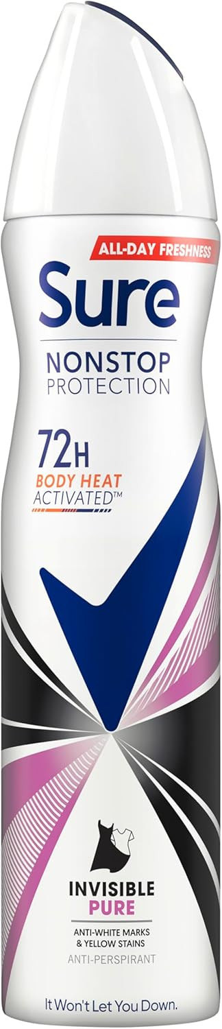 Sure Nonstop Protection Invisible Pure Anti-Perspirant Aerosol Women's Deodorant Spray with Body Heat Activated technology and white mark protection for 72 hour odour and sweat protection 6x 250 ml