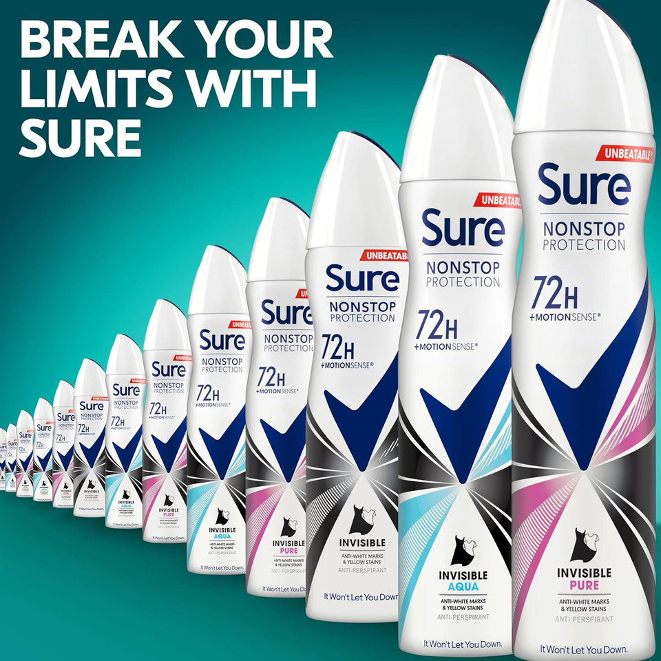Sure Nonstop Protection Invisible Pure Anti-Perspirant Aerosol Women's Deodorant Spray with Body Heat Activated technology and white mark protection for 72 hour odour and sweat protection 6x 250 ml