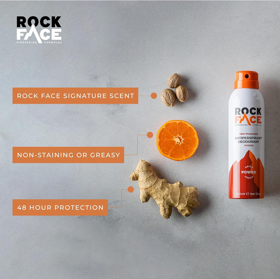 Rock Face Antiperspirant Deodorant for Men - Power Spicy Oriental Scent, 200ml Spray, 48 Hour Protection, Non-Staining, Multipack of 6