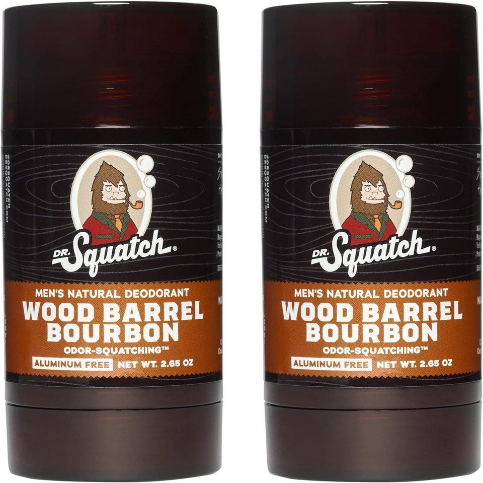 Dr. Squatch Natural Deodorant for Men 2 Pack Wood Barrel Bourbon  Odor-Squatching Men's Deodorant Aluminum Free (2.65 oz, 2 Pack)