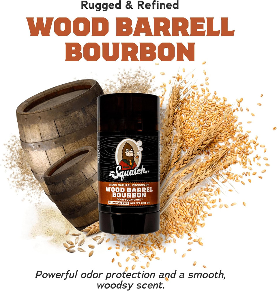 Dr. Squatch Natural Deodorant for Men 2 Pack Wood Barrel Bourbon  Odor-Squatching Men's Deodorant Aluminum Free (2.65 oz, 2 Pack)
