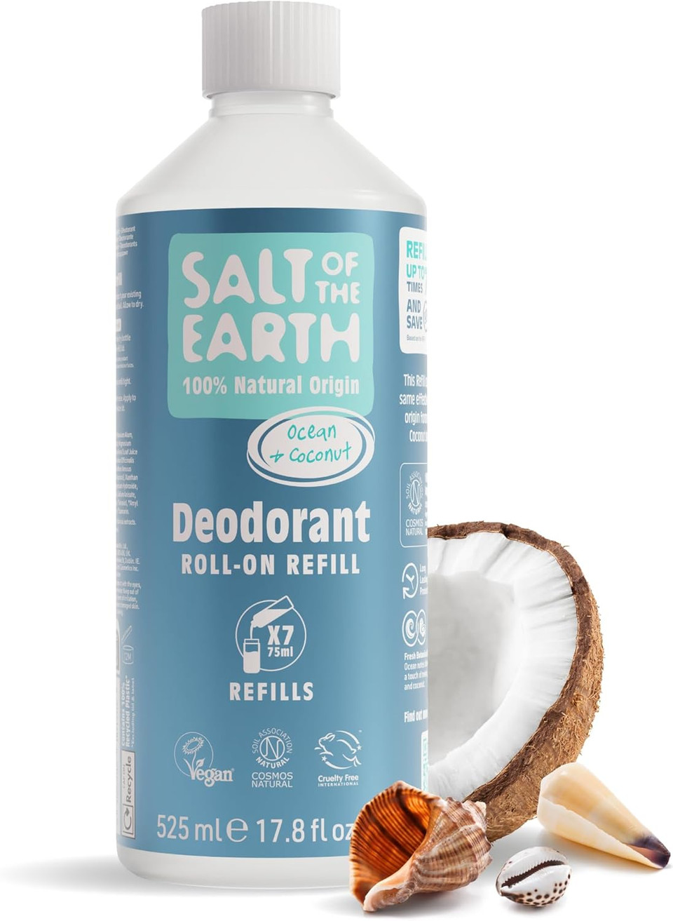 Salt of the Earth - Natural Deodorant Roll On Refill Bottle, x7 Uses - Amber & Sandalwood - Vegan, Long Lasting Protection, Leaping Bunny Approved, Made in the UK - 525ml