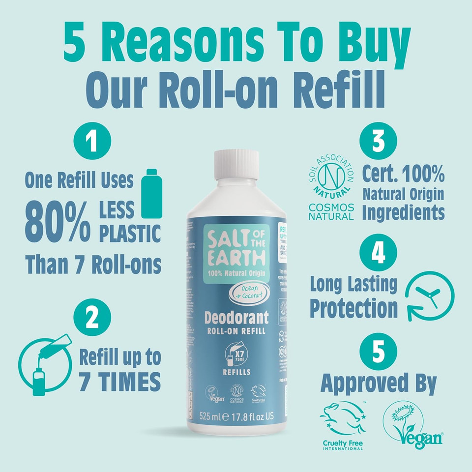 Salt of the Earth - Natural Deodorant Roll On Refill Bottle, x7 Uses - Ocean & Coconut - Vegan, Long Lasting Protection, Leaping Bunny Approved, Made in the UK - 525ml