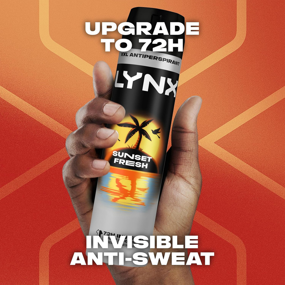 Lynx Sunset Fresh XXL Anti-Perspirant Aerosol Men's Deodorant Spray with a mango & mandarin scent for 72 hour invisible sweat protection 6x 250 ml