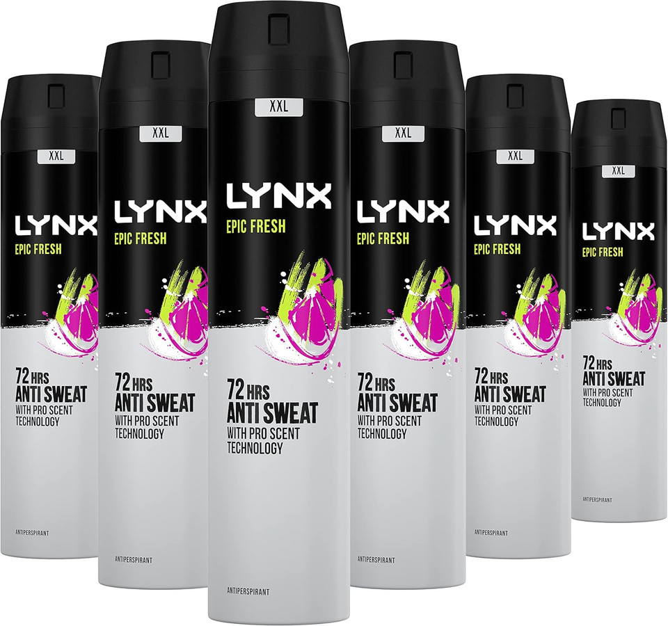 Lynx Epic Fresh Anti-Perspirant Aerosol Men's Deodorant Spray with ProScent technology and a grapefruit & tropical pineapple scent for 72 hours protection against odour and wetness 6x 250 ml