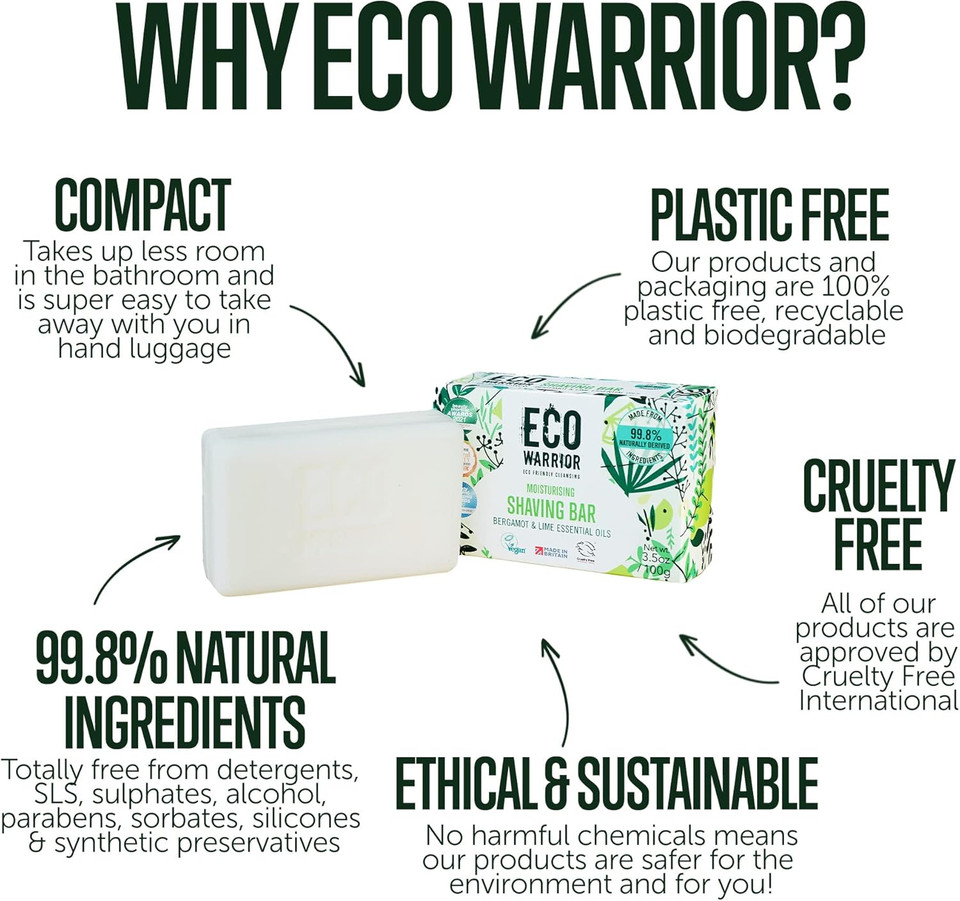 Eco Warrior Shaving Soap Bar | Shaving Bar For Men & Women | Vegan, Natural, eco friendly, Cruelty-Free | No SLS or Parabens | Contains Moisturising Coconut Oil & Shea Butter, Bergamot & Lime | 100g