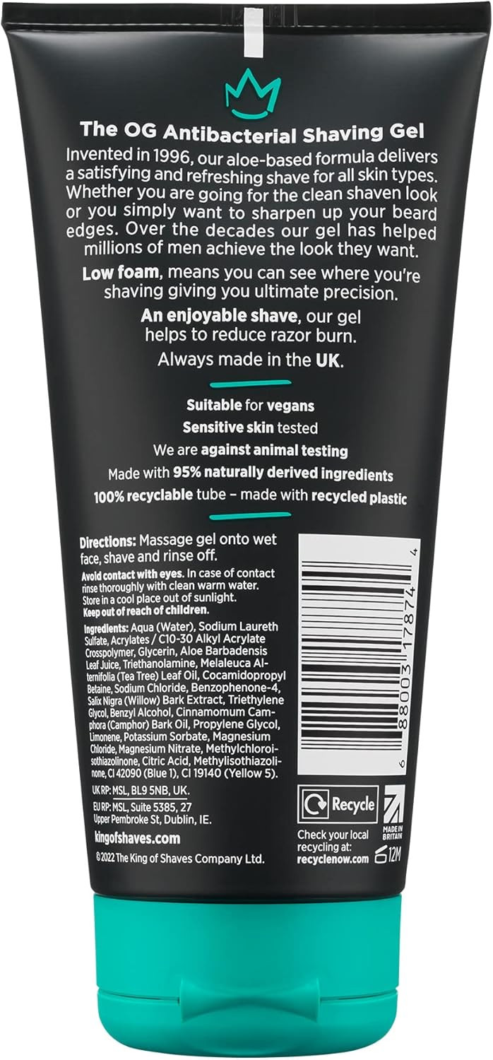 King of Shaves Antibacterial Shaving Gel for Men, Low Foam for A Precise Shave, Suitable for All Skin Types, Clear Shaving Gel For Men, 175ml