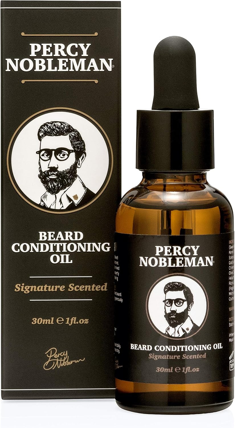 Percy Nobleman Beard Oil  99 % Natural Conditioning & Grooming Oil  Argan, Jojoba, Avocado, Almond & Marula Oils  Vanille Musk Scent  Softens, Nourishes & Tames Coarse Beards (30 ml)