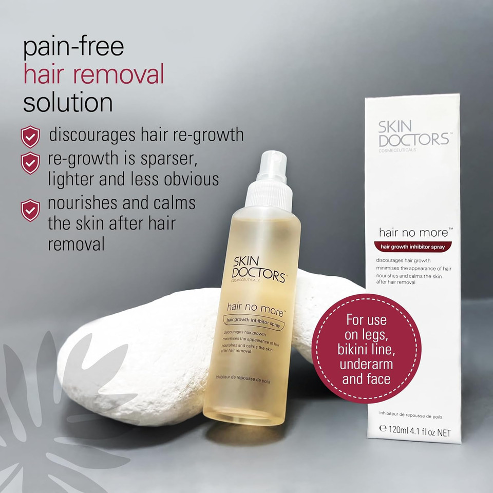 Skin Doctors Hair No More Inhibitor Spray, painless hair removal, after shaving, waxing, epilating, slows hair growth and nourishes the skin. For use on legs, bikini line, underarm and face - 120ml