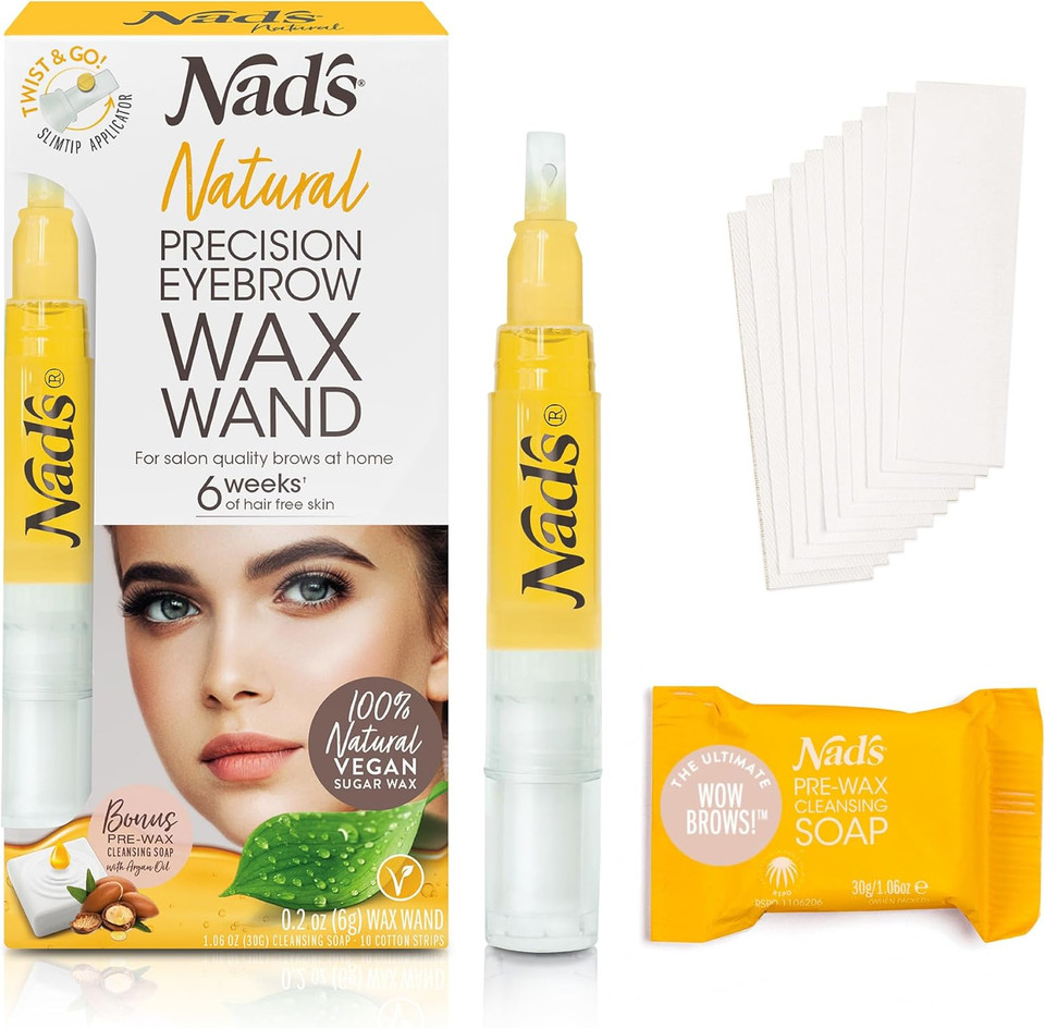 Nad's Natural Precision Eyebrow Wax Wand, Eyebrow Wax Kit, Sugar Wax, Hypoallergenic, Vegan No-heat Formula, Includes Wax Pen 6g, 10 Reusable Cotton Strips, 4 Pre-wax Soap