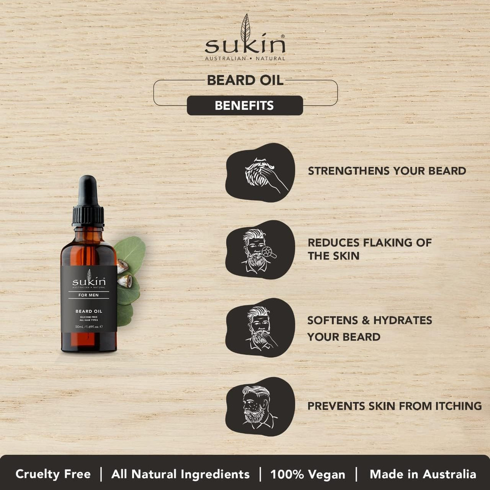 Sukin Australian Natural For Men Beard Oil Hydrates Your Beard and Helps Reduce Dandruff and Itching, Moisturising Combination of Natural Argan, Almond and Crambe Oil, Vegan, 50ml