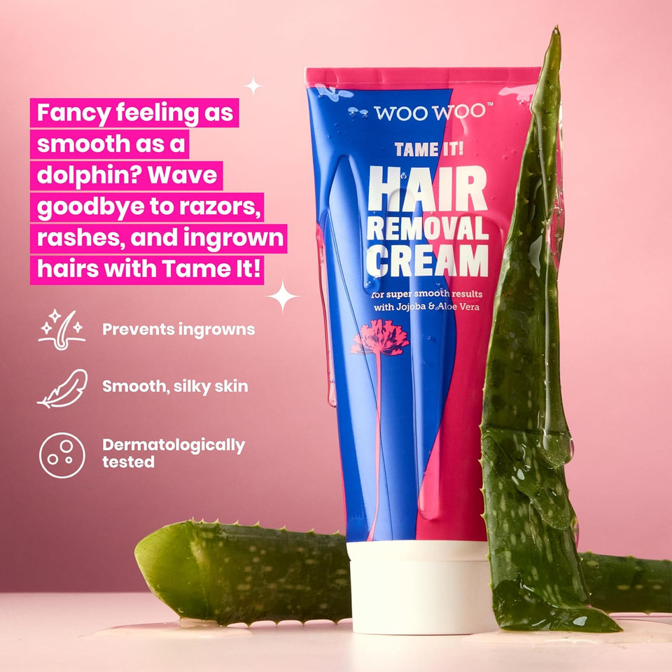 WooWoo Tame It! Natural Intimate Hair Removal Cream - Painless Vegan Hair Remover for Sensitive Skin - Depilatory for Genitals, Bikini, Legs & Bum - Women in-Shower Cream with Aloe Vera - 100ml