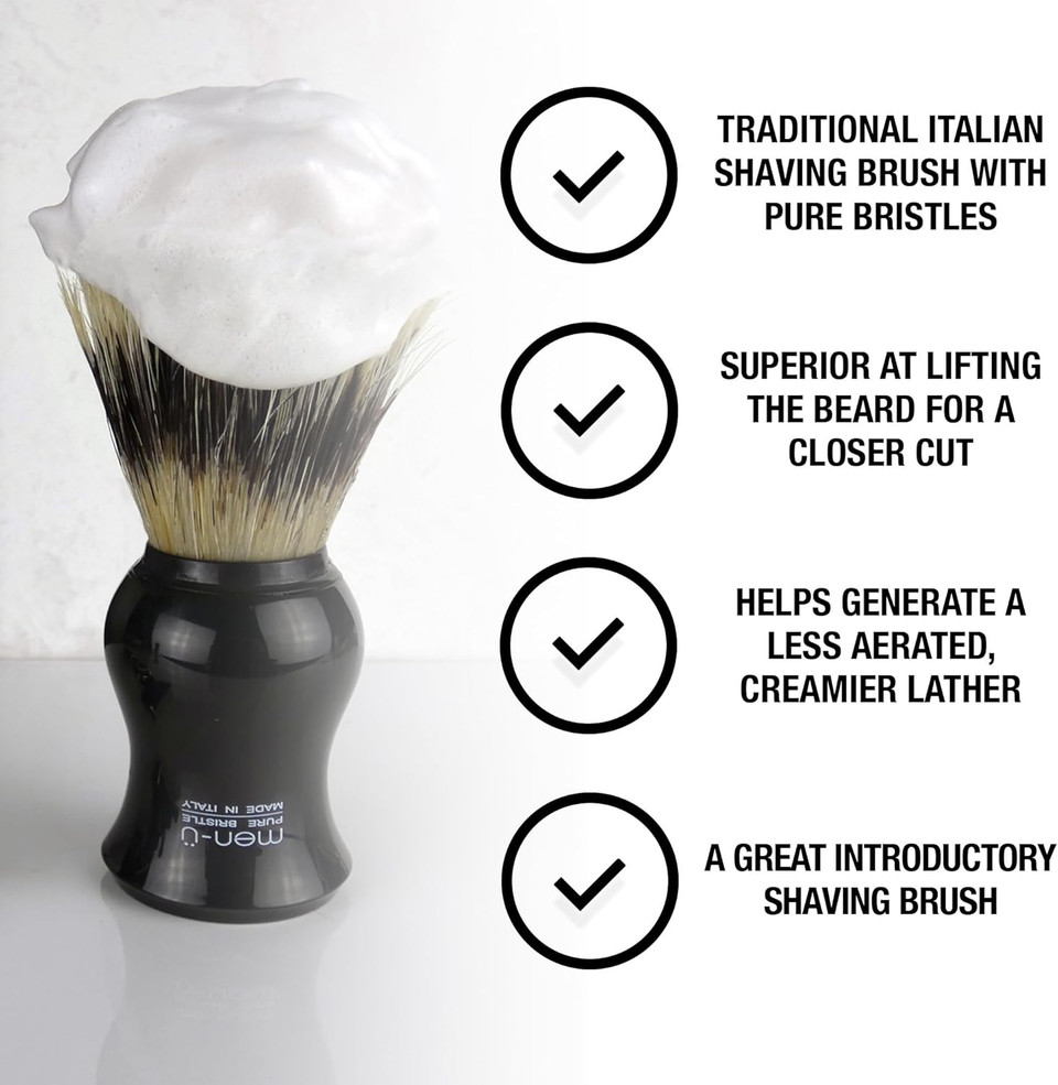men-ü BARBIERE PURE BRISTLE SHAVING BRUSH (BLACK) Traditional shaving brush set from Italy - Pure bristles. A great introductory shaving brush. Includes 15ml SHAVE CREAM tube