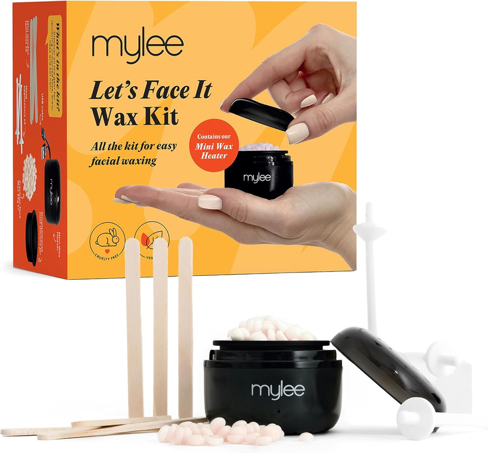 Mylee Lets Face It Wax Kit  Professional Facial Waxing Kit with Black Mini Heater, 50g Precision Face Wax Beads (Peach & Chamomile), Wooden Waxing Spatulas, Ear & Nose Wax Applicators & USB Cable