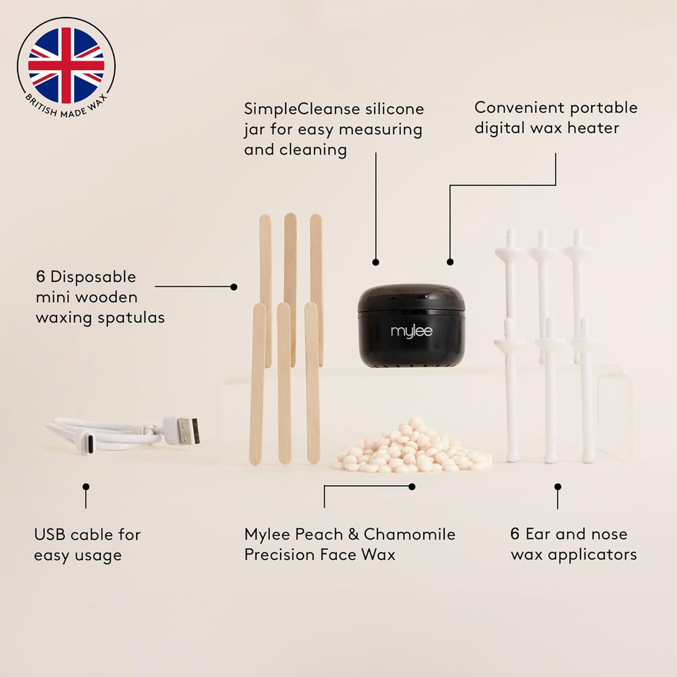 Mylee Lets Face It Wax Kit  Professional Facial Waxing Kit with Black Mini Heater, 50g Precision Face Wax Beads (Peach & Chamomile), Wooden Waxing Spatulas, Ear & Nose Wax Applicators & USB Cable