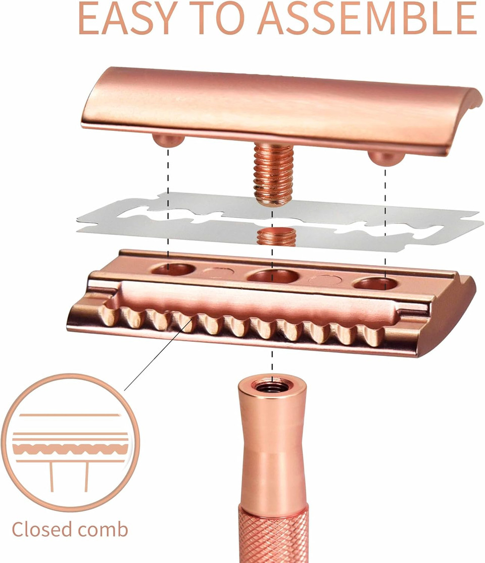 Metal Razor for Women with Safety Razor Stand | Rose Gold Women Razor | Eco Razor Women | Fits All Double Razor Blades | Reusable Razor Women | Zero Plastic | Eco Beauty | Sustainable Home | Bambaw