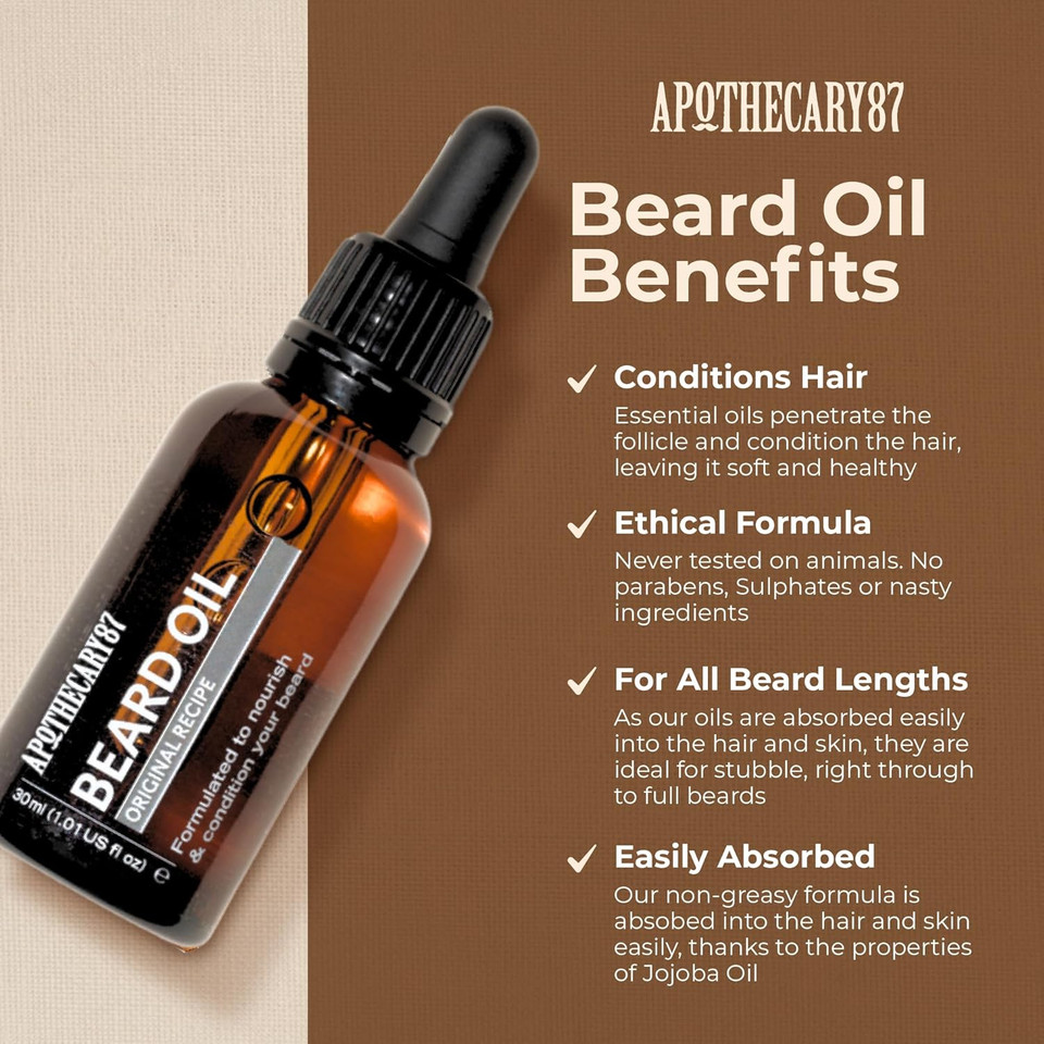 Apothecary 87 Beard Oil | Original Recipe Fragrance | Premium Formulation With Plant Extracts | Beard Conditioner, Nourishes, Softens and Moisturises, Reduces Irritation | 30ml
