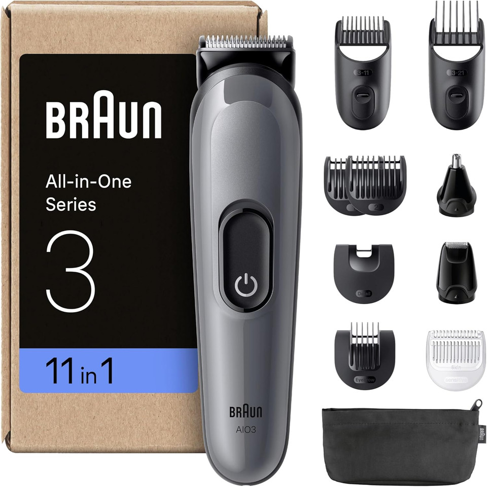 Braun 11-in-1 All-in-One Trimmer for Men, Series 3 Grooming Kit for Beard, Face, Hair, Body & Nose, Ultra Sharp Blade, 14 Length Settings (321mm), Washable Heads, 50-Min Cordless Use  AIO3565, Grey