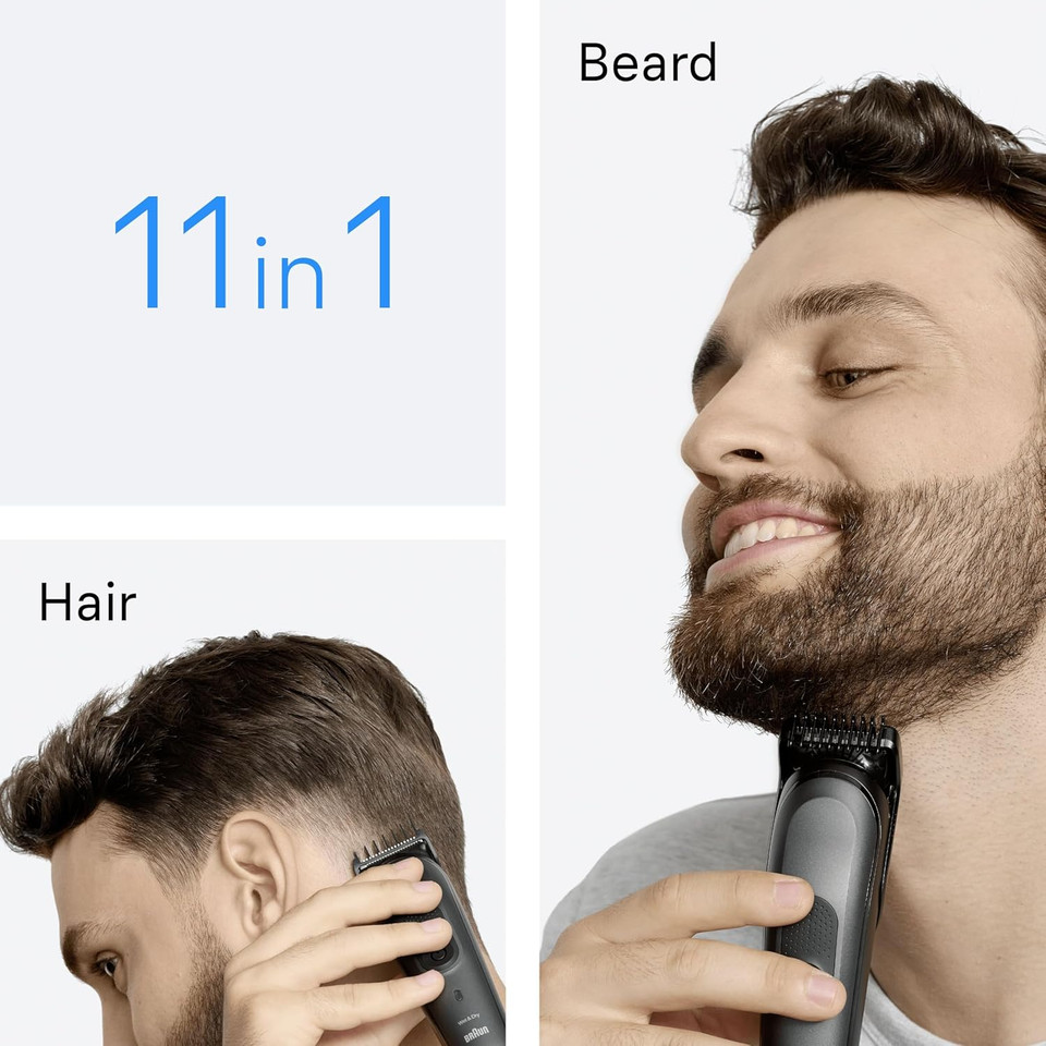 Braun 3 All-in-One 6-in-1 Electric Beard Trimmer for Men, Beard, Hair and Face Trimmer with Unworn Sharp Blades, Ear and Nose Trimmer, 5 Accessories, Black/Green, MGK3221