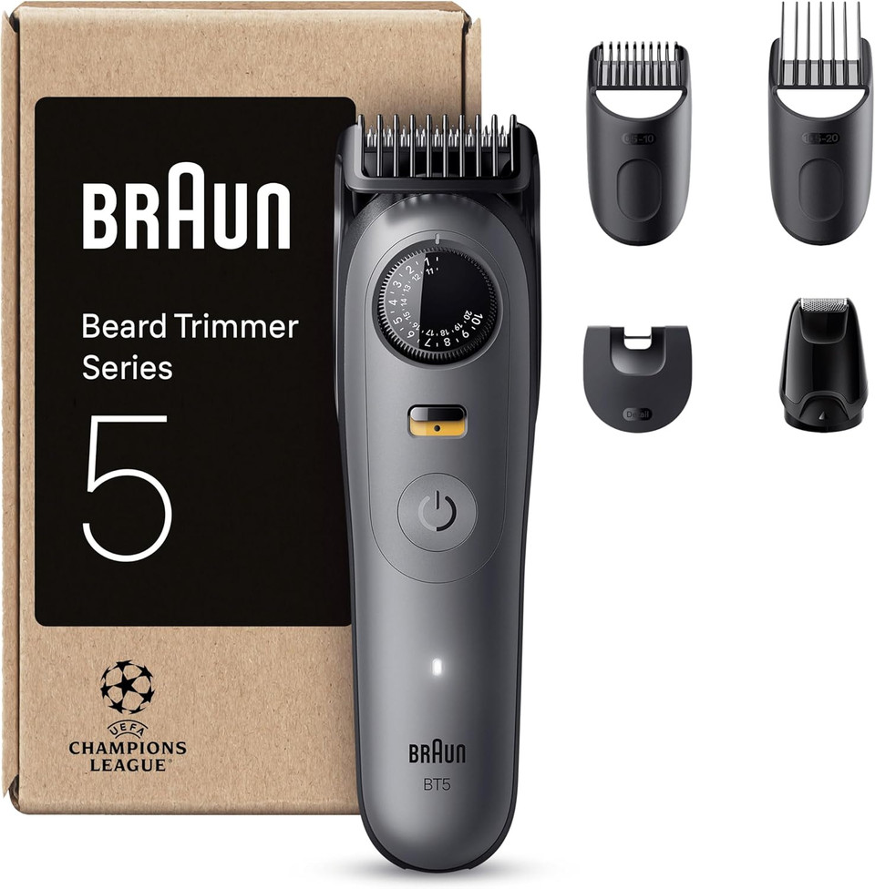 Braun Beard Trimmer Series 5, +5 Styling Tools, Ultra Sharp Blade, 120 Min Runtime, 40 Lengths, Waterproof, PrecisionWheel & Lock, BT5525, Grey