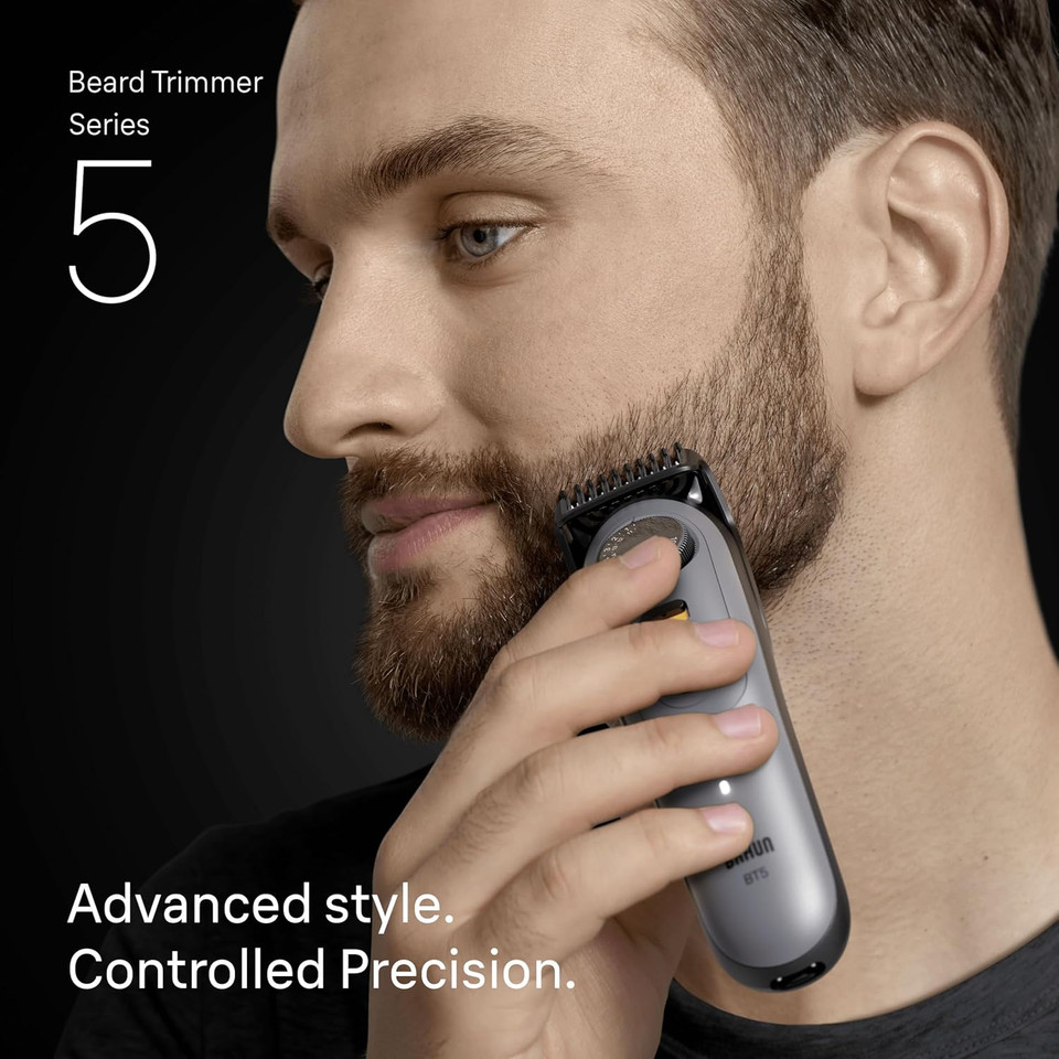 Braun Beard Trimmer Series 5, +5 Styling Tools, Ultra Sharp Blade, 120 Min Runtime, 40 Lengths, Waterproof, PrecisionWheel & Lock, BT5525, Grey