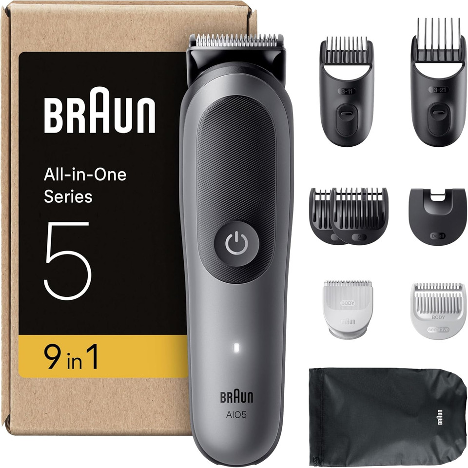 Braun All-in-One Series 5 Grooming Kit, 9in1, Ultra Sharp Blade, 120 Min, SkinGuard for Body, Precise & Efficient Trim, AquaGrip for Under Water Use, AIO5545, Grey