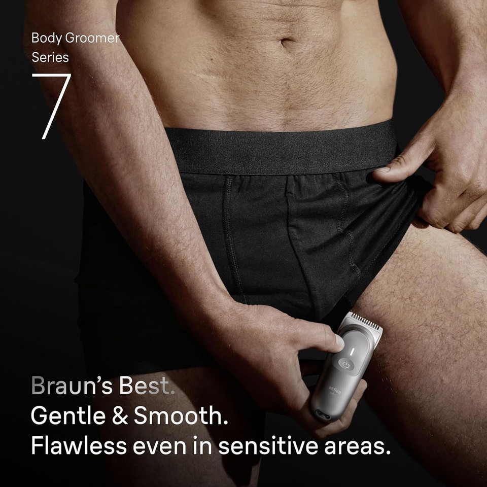 Braun Series 7 Body Groomer for Men, Body & Pubic Hair Trimmer with Smartlight & SkinGuard, 8-in-1 Grooming Kit, Waterproof Electric Shaver for Sensitive Areas, 100 Min Runtime, BG7555 Grey