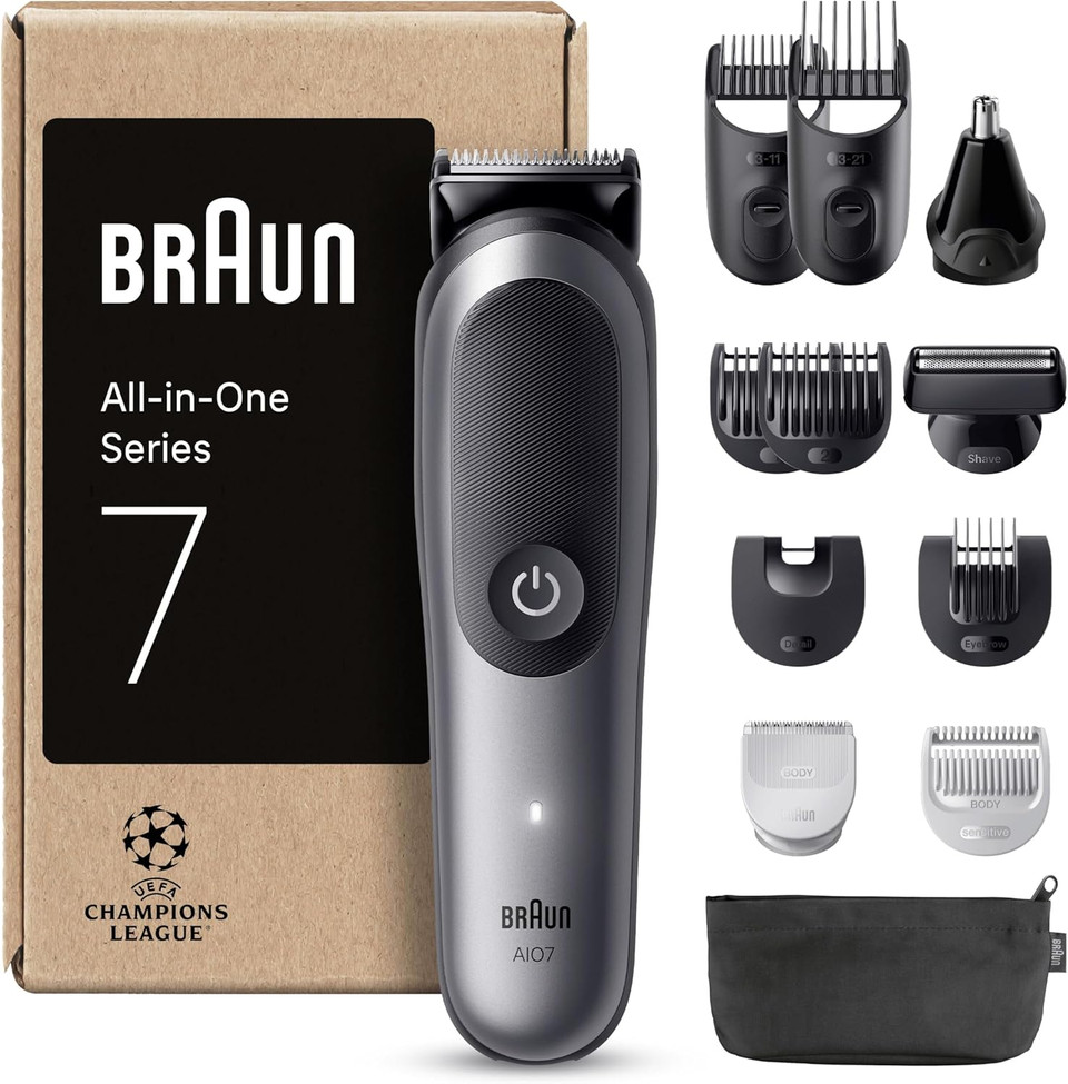 Braun All-in-One Series 7 Grooming Kit, 18in1, ProBlade & AutoSense, 120 Min, SkinGuard & Beard Fading, AquaGrip for Under Water Use, AIO7585, Grey