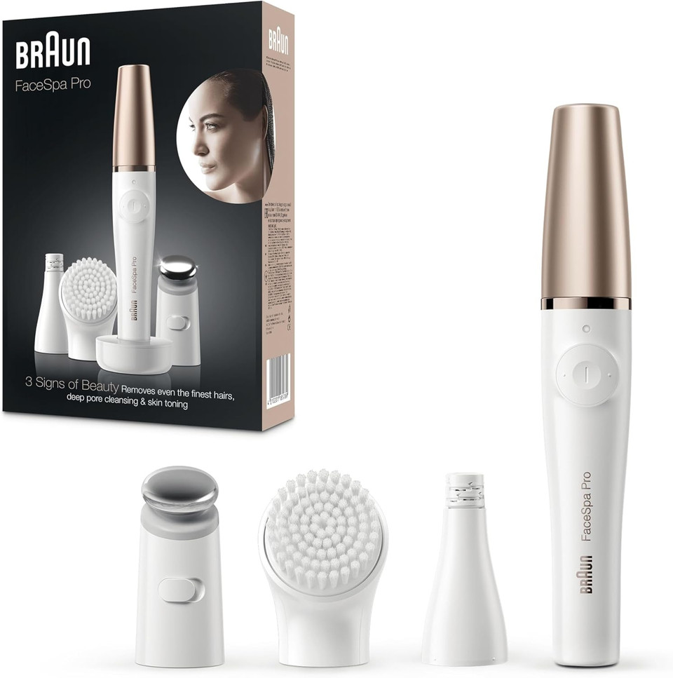 Braun FaceSpa Facial Epilator for Women, Hair Removal with Facial Cleansing Brush Head, Toning Head & Charger Stand, Wet & Dry, SE911, White/Bronze