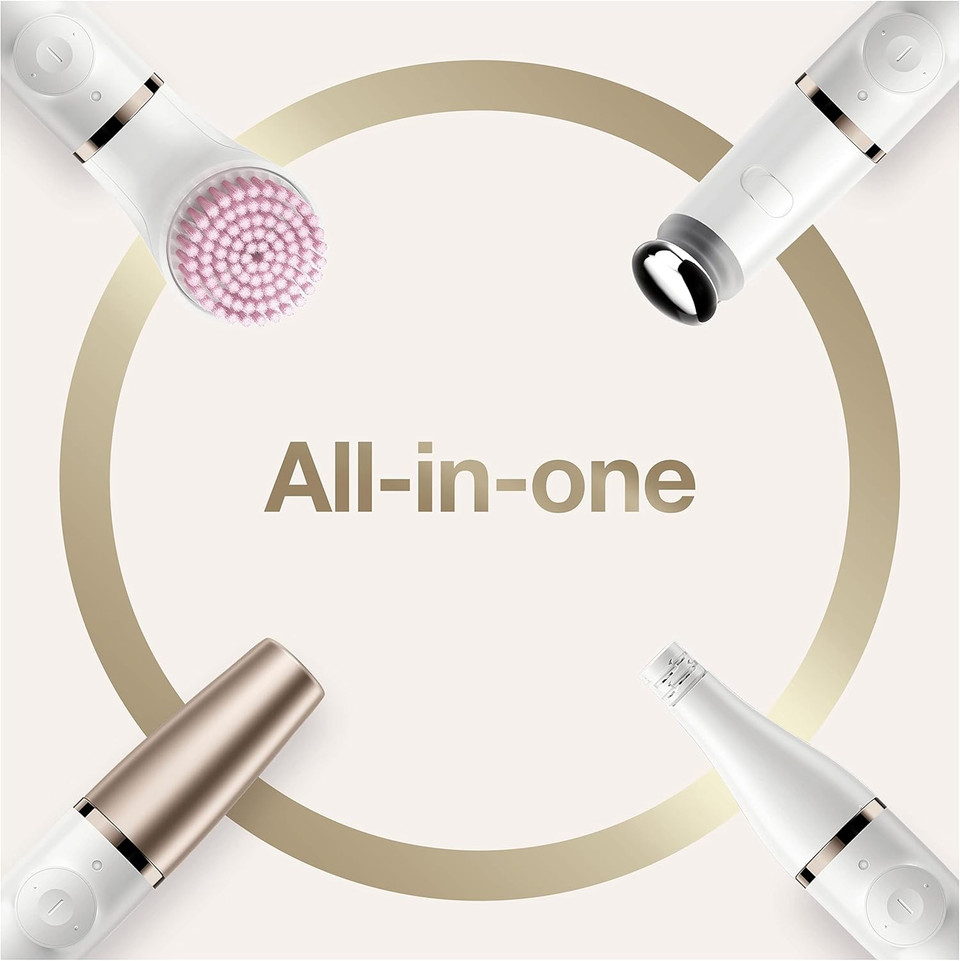 Braun FaceSpa Face Epilator, Hair Removal with Facial Cleansing Brush Head, Toning Head & Charger Stand, Wet & Dry, SE912, White/Bronze