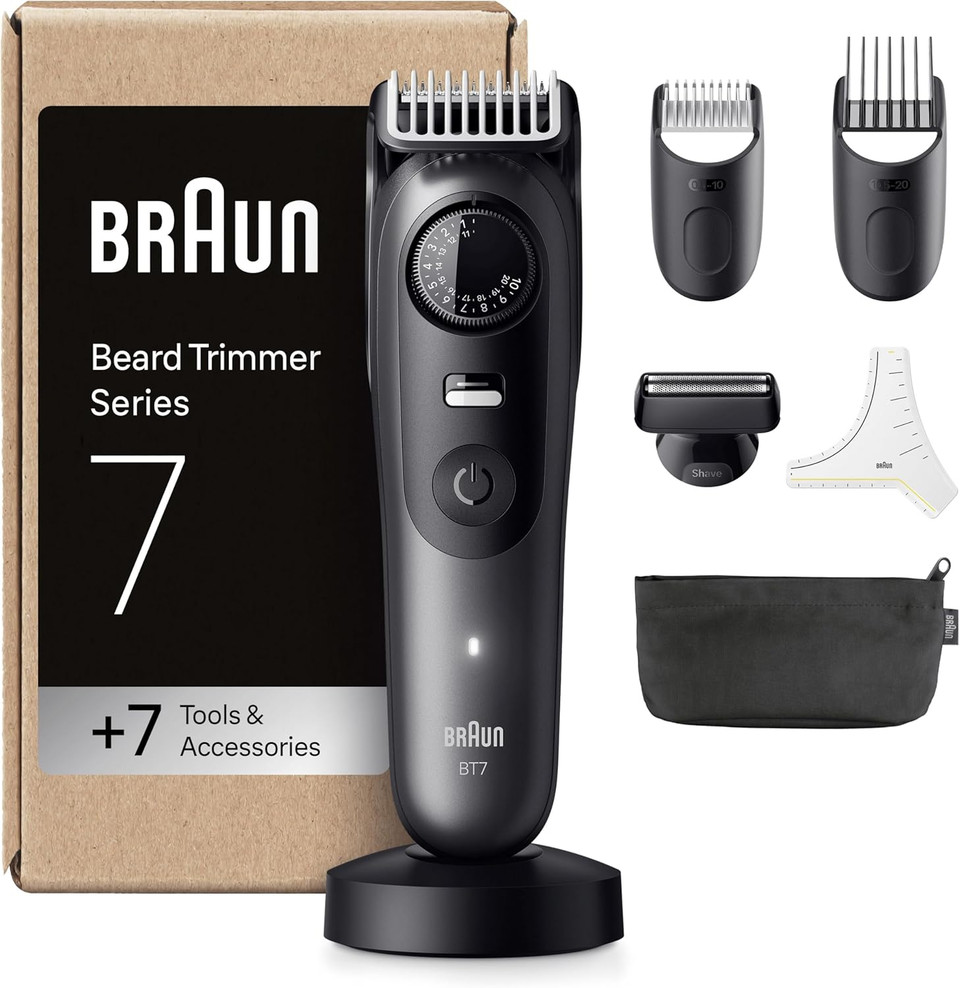 Braun Beard Trimmer Series 7, +12 Barbering Tools, Lifetime Sharp ProBlade, Up to 120 Min Runtime, 40 Lengths, Waterproof, PrecisionWheel & Lock, BT7545, Grey